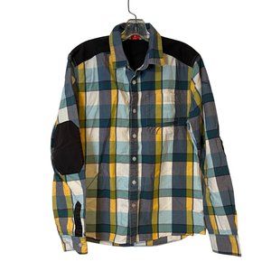 Puma Flannel Shirt Mens Medium Elbow Patch Button Up Multicolor Logo Plaid